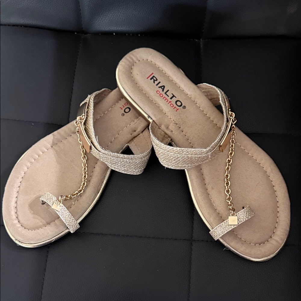 Rialto Beige Sandals with Gold Chain Accent